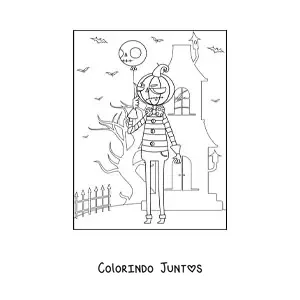 Desenho para colorir de monstro de Halloween segurando um balão em frente a uma mansão assombrada