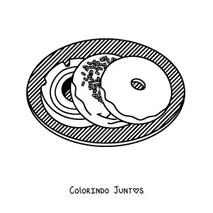 Desenho para colorir de tres rosquinhas em um prato