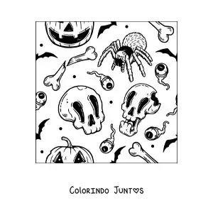 Desenho para colorir de aranha de Halloween com caveiras