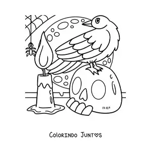 Desenho para colorir de aranha de Halloween com corvo e uma caveira