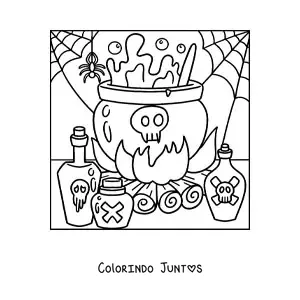 Desenho para colorir de aranha com caldeirão de Halloween