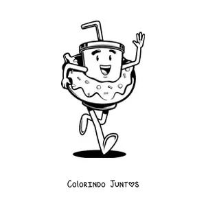 Desenho para colorir de um copo com canudo animado correndo com uma rosquinha