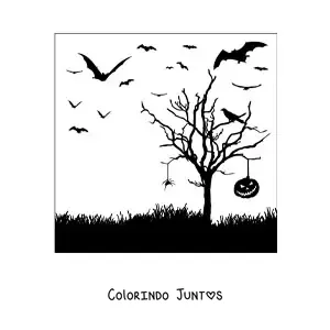 Desenho para colorir de silhueta de uma aranha pendurada em uma árvore na noite de Halloween