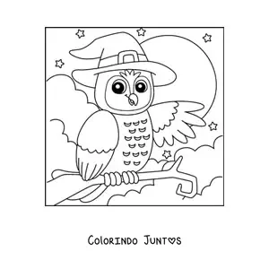 Desenho para colorir de coruja animada de Halloween com chapéu de bruxa em frente à Lua