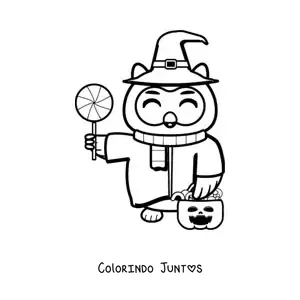 Desenho para colorir de coruja kawaii de Halloween com doces e chapéu de bruxa