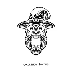 Desenho para colorir de coruja realista de Halloween com chapéu de bruxa