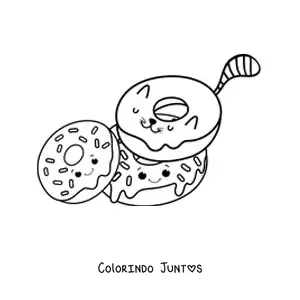 Desenho para colorir de um gato animado em forma de rosquinha junto de duas rosquinhas