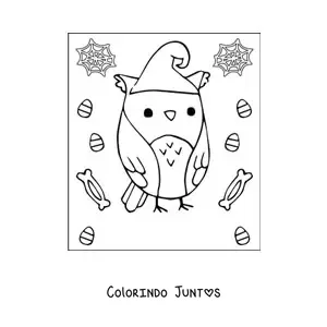 Desenho para colorir de coruja kawaii de Halloween com chapéu