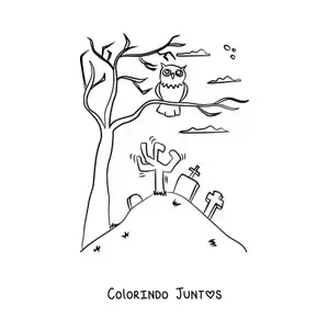 Desenho para colorir de coruja de Halloween em uma árvore no cemitério