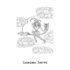 Desenho para colorir de bruxa bonita voando na vassoura com uma coruja no Halloween