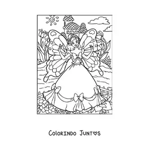 Desenho para colorir de princesa fada borboleta em jardim mágico