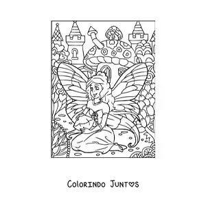 Desenho para colorir de fada do amor em floresta mágica