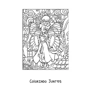Desenho para colorir de linda fada borboleta em floresta encantada