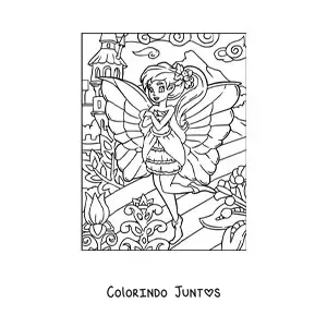 Desenho para colorir de linda fada em jardim com flores