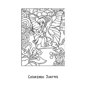 Desenho para colorir de fada borboleta em jardim com flores