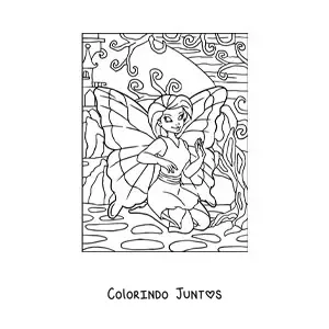 Desenho para colorir de bela fada borboleta sentada no jardim