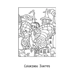 Desenho para colorir de linda fada borboleta voando no castelo