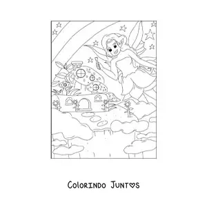 Desenho para colorir de fada de fantasia em floresta mágica estilo anime