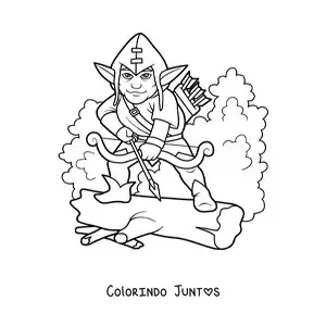 Desenho para colorir de duende mágico na floresta com arco e flechas