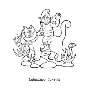 Desenho para colorir de duende mágico sentado sobre um gato
