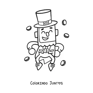 Desenho para colorir de leprechaun kawaii dançando com dinheiro