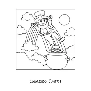 Desenho para colorir de duende com pote de ouro no fim do arco-íris