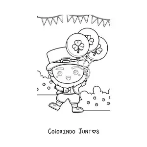 Desenho para colorir de duende kawaii com balões de trevo
