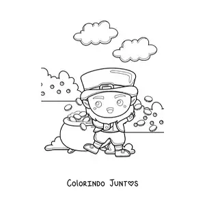 Desenho para colorir de duende kawaii ao lado do seu pote de ouro