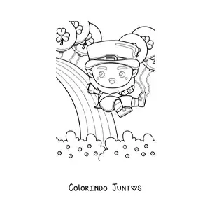 Desenho para colorir de duende da sorte kawaii deslizando em um arco-íris