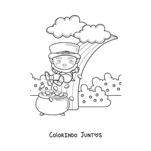 Desenho para colorir de duende kawaii com pote de ouro no fim do arco-íris