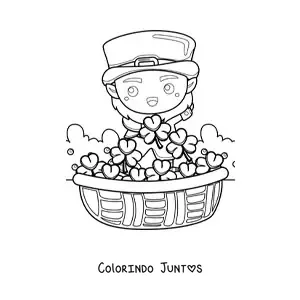 Desenho para colorir de duende irlandês kawaii com trevos