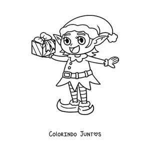 Desenho para colorir de duende mágico de Natal com presente