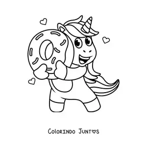Desenho para colorir de um unicornio animado segurando uma rosquinha