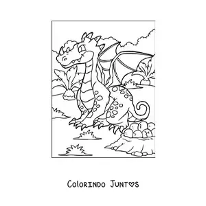 Desenho para colorir de dragão animado sentado ao lado dos seus ovos