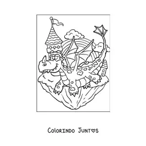 Desenho para colorir de dragão animado voando ao lado do castelo
