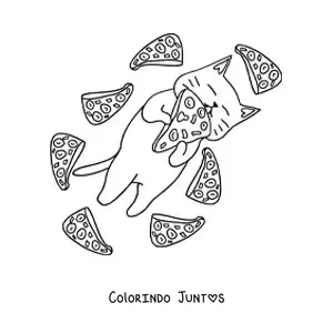 Desenho para colorir de um gato comendo pizza cercado de fatias de pizza