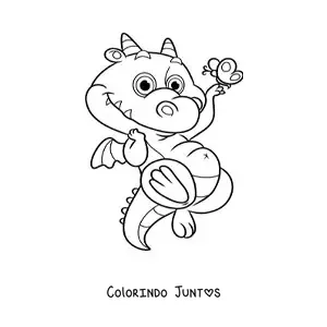 Desenho para colorir de pequeno dragão voando com uma borboleta