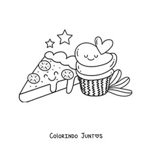 Desenho para colorir de uma fatia de pizza junto de um cupcake kawaii