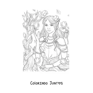 Desenho para colorir de elfo mitológico com flores