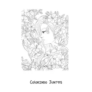 Desenho para colorir de mulher elfa da floresta com flores e pássaros