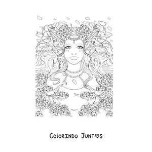 Desenho para colorir de mulher elfa realista com flores
