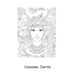 Desenho para colorir de linda mulher elfa com chifres e flores