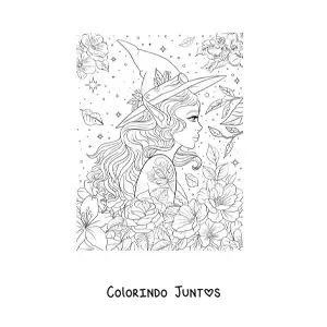 Desenho para colorir de mulher com chapéu de bruxa e orelhas de elfo
