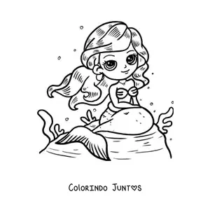 Desenho para colorir de sereia kawaii sentada em uma rocha