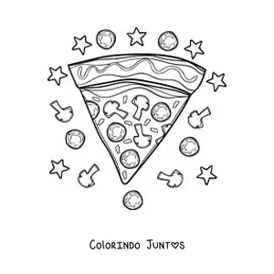 Desenho para colorir de uma fatia de pizza cercada de estrelas e ingredientes