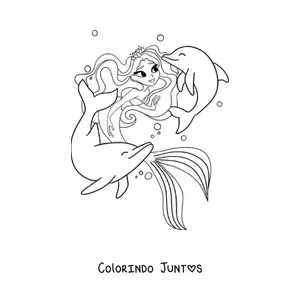 Desenho para colorir de linda princesa sereia com golfinhos