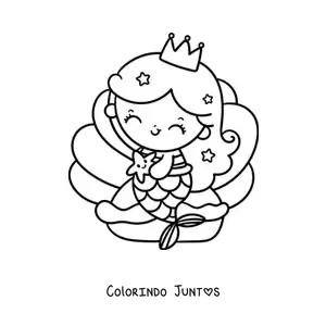 Desenho para colorir de princesa sereia kawaii sentada em uma concha do mar