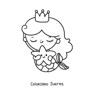 Desenho para colorir de princesa sereia kawaii com uma estrela-do-mar