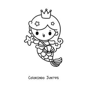 Desenho para colorir de princesa sereia kawaii com bolsa e estrela-do-mar