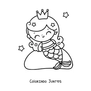 Desenho para colorir de princesa sereia kawaii sentada em uma rocha